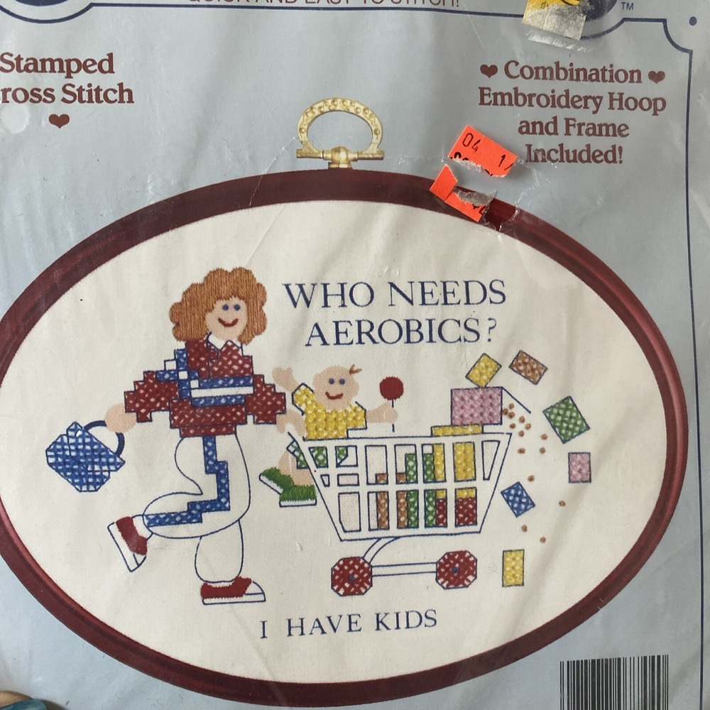VTG Dimensions Cross Stitch Kit Who Needs Aerobics I have kids #7744 Stitchables